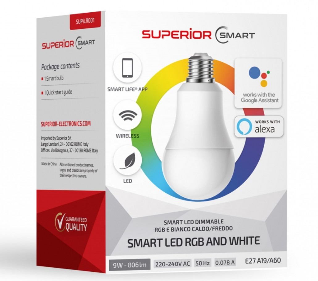 Lampadina wireless Superior Smart LED luce bianco e color RGB 9W  dimmerabile, E27/230V-Alexa e Google Assistant compatibile
